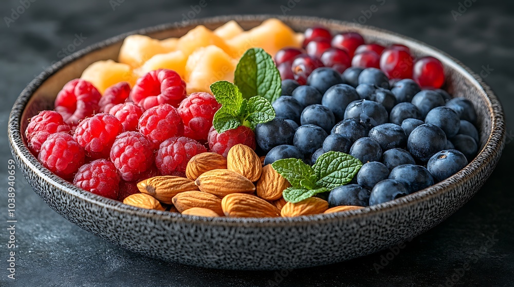 A black plate with a variety of fruits and nuts, full of blueberries, raspberries, almonds, and mango. Mixed fruits and nuts, brain-stimulating snack, healthy, natural energy boost, solid background. A black plate with a variety of fruits and nuts, full of blueberries, raspberries, almonds, and mango. Mixed fruits and nuts, brain-stimulating snack, healthy, natural energy boost, solid background.