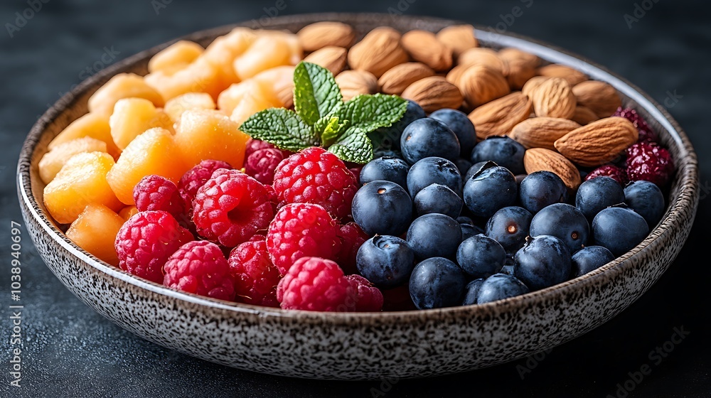 A black plate with a variety of fruits and nuts, full of blueberries, raspberries, almonds, and mango. Mixed fruits and nuts, brain-stimulating snack, healthy, natural energy boost, solid background. A black plate with a variety of fruits and nuts, full of blueberries, raspberries, almonds, and mango. Mixed fruits and nuts, brain-stimulating snack, healthy, natural energy boost, solid background.