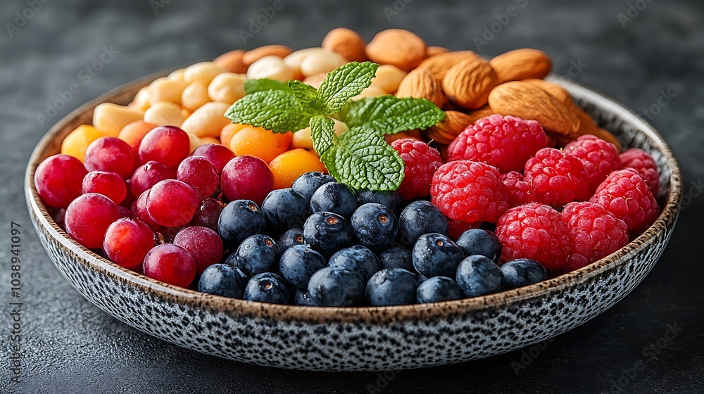 A black plate with a variety of fruits and nuts, full of blueberries, raspberries, almonds, and mango. Mixed fruits and nuts, brain-stimulating snack, healthy, natural energy boost, solid background. A black plate with a variety of fruits and nuts, full of blueberries, raspberries, almonds, and mango. Mixed fruits and nuts, brain-stimulating snack, healthy, natural energy boost, solid background.