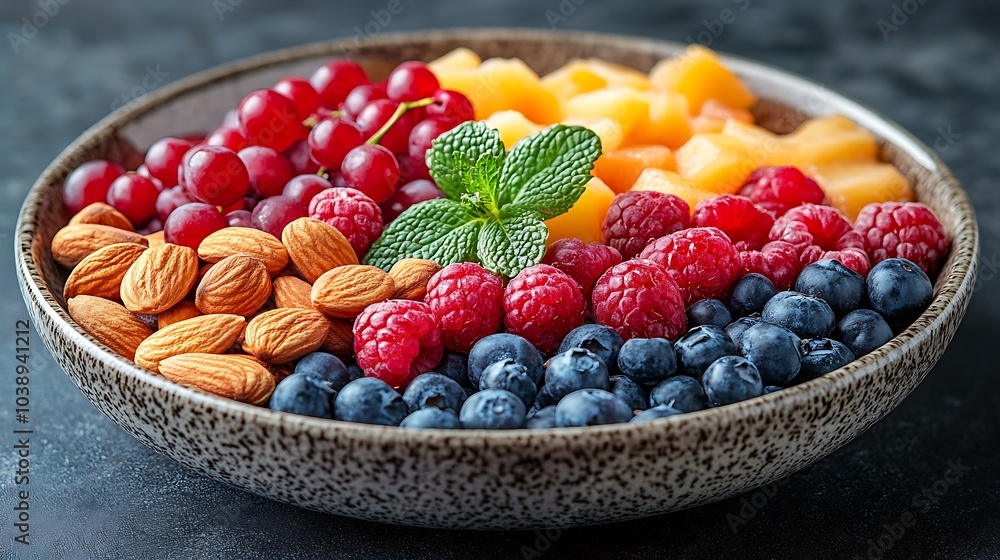 A black plate with a variety of fruits and nuts, full of blueberries, raspberries, almonds, and mango. Mixed fruits and nuts, brain-stimulating snack, healthy, natural energy boost, solid background. A black plate with a variety of fruits and nuts, full of blueberries, raspberries, almonds, and mango. Mixed fruits and nuts, brain-stimulating snack, healthy, natural energy boost, solid background.