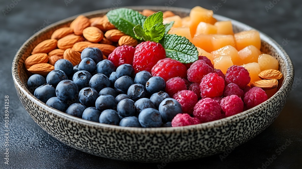 A black plate with a variety of fruits and nuts, full of blueberries, raspberries, almonds, and mango. Mixed fruits and nuts, brain-stimulating snack, healthy, natural energy boost, solid background. A black plate with a variety of fruits and nuts, full of blueberries, raspberries, almonds, and mango. Mixed fruits and nuts, brain-stimulating snack, healthy, natural energy boost, solid background.