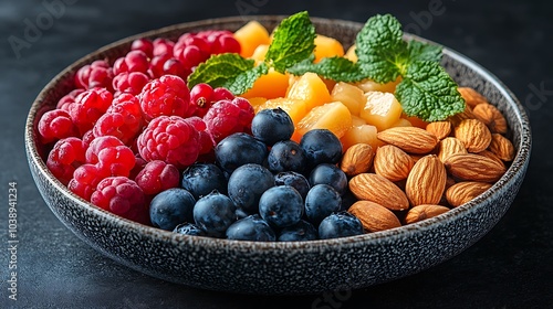 Wallpaper Mural A black plate with a variety of fruits and nuts, full of blueberries, raspberries, almonds, and mango. Mixed fruits and nuts, brain-stimulating snack, healthy, natural energy boost, solid background. Torontodigital.ca