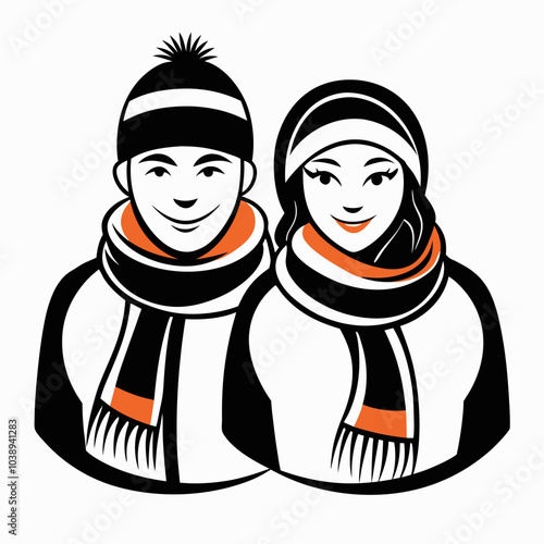 Happy couple wearing matching winter hats and scarves smiling together