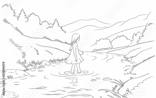 White and black coloring page outline design illustration design concept Coloring book hill ,man, woman, tree .riverr and natural 