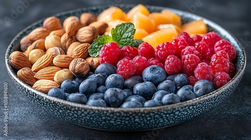 A black plate with a variety of fruits and nuts, full of blueberries, raspberries, almonds, and mango. Mixed fruits and nuts, brain-stimulating snack, healthy, natural energy boost, solid background.