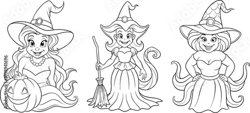 Set of three witches in playful, detailed costumes with hats and brooms, line art, for Halloween event flyers, banners, textile design, coloring page