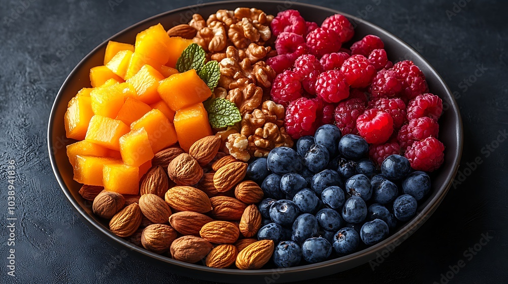 A black plate with a variety of fruits and nuts, full of blueberries, raspberries, almonds, and mango. Mixed fruits and nuts, brain-stimulating snack, healthy, natural energy boost, solid background. A black plate with a variety of fruits and nuts, full of blueberries, raspberries, almonds, and mango. Mixed fruits and nuts, brain-stimulating snack, healthy, natural energy boost, solid background.