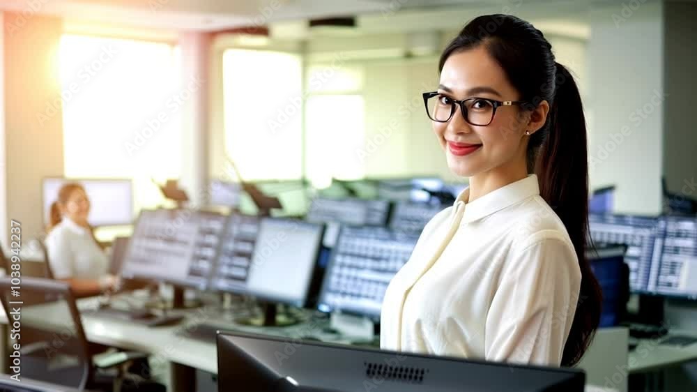 A Chinese woman software engineer. The engineer is in a room full of screens. There is software code on the screens. The engineer smiles. The engineer is clear, the computer is blurred A Chinese woman software engineer. The engineer is in a room full of screens. There is software code on the screens. The engineer smiles. The engineer is clear, the computer is blurred