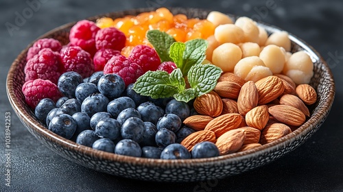 A black plate with a variety of fruits and nuts, full of blueberries, raspberries, almonds, and mango. Mixed fruits and nuts, brain-stimulating snack, healthy, natural energy boost, solid background.