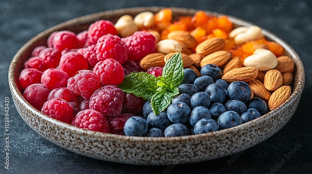 A black plate with a variety of fruits and nuts, full of blueberries, raspberries, almonds, and mango. Mixed fruits and nuts, brain-stimulating snack, healthy, natural energy boost, solid background. A black plate with a variety of fruits and nuts, full of blueberries, raspberries, almonds, and mango. Mixed fruits and nuts, brain-stimulating snack, healthy, natural energy boost, solid background.
