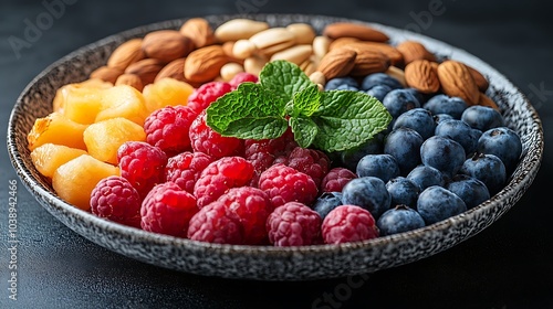 A black plate with a variety of fruits and nuts, full of blueberries, raspberries, almonds, and mango. Mixed fruits and nuts, brain-stimulating snack, healthy, natural energy boost, solid background.