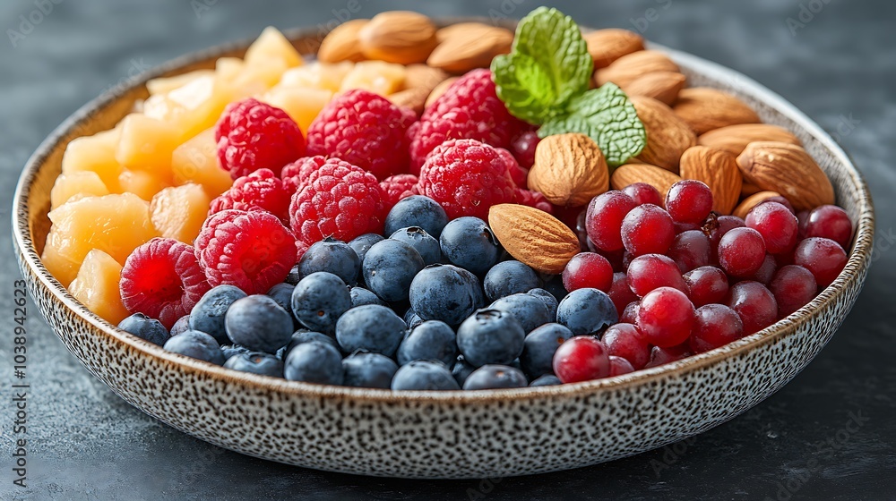 A black plate with a variety of fruits and nuts, full of blueberries, raspberries, almonds, and mango. Mixed fruits and nuts, brain-stimulating snack, healthy, natural energy boost, solid background. A black plate with a variety of fruits and nuts, full of blueberries, raspberries, almonds, and mango. Mixed fruits and nuts, brain-stimulating snack, healthy, natural energy boost, solid background.