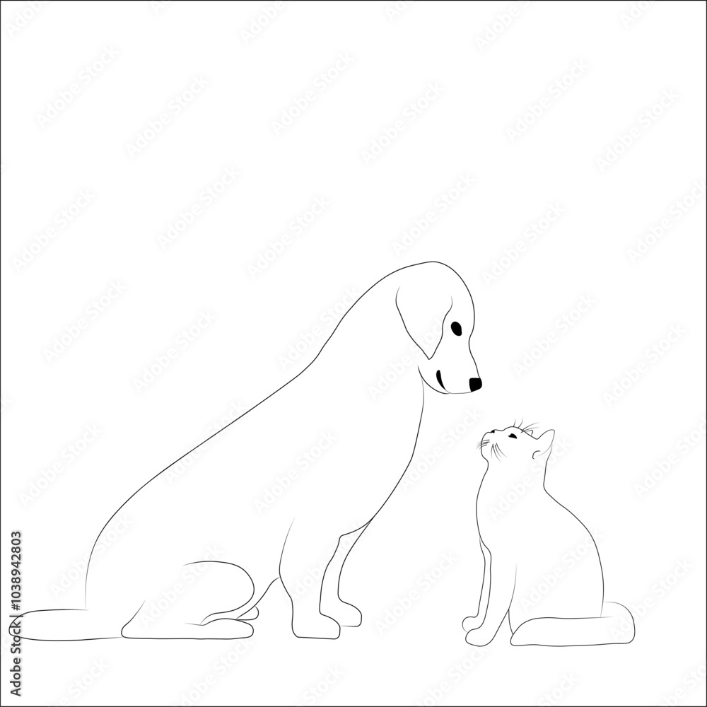 Obraz premium Illustration of a cat and dog looking at each other. Cute dog and cat looking at each other, petting online hand drawn vector objects. Cute pets in one line. Vector illustration.