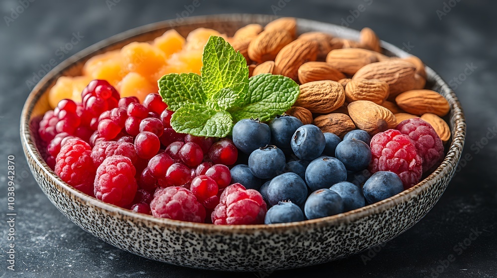 A black plate with a variety of fruits and nuts, full of blueberries, raspberries, almonds, and mango. Mixed fruits and nuts, brain-stimulating snack, healthy, natural energy boost, solid background. A black plate with a variety of fruits and nuts, full of blueberries, raspberries, almonds, and mango. Mixed fruits and nuts, brain-stimulating snack, healthy, natural energy boost, solid background.