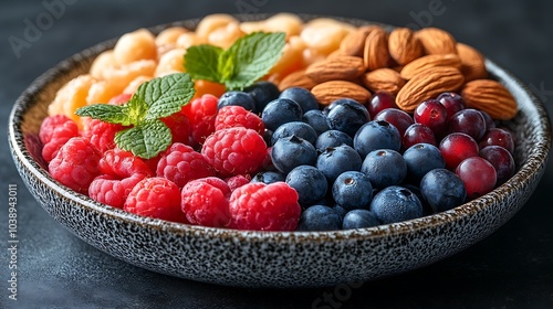 A black plate with a variety of fruits and nuts, full of blueberries, raspberries, almonds, and mango. Mixed fruits and nuts, brain-stimulating snack, healthy, natural energy boost, solid background.