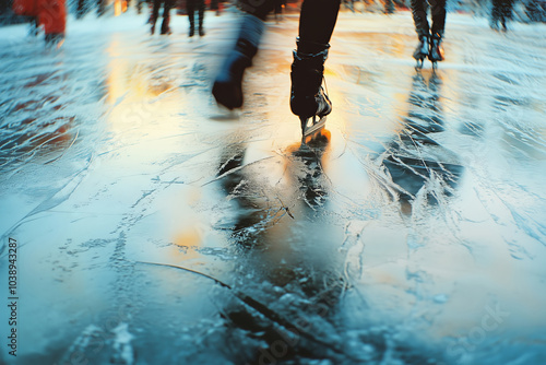 Skaters gliding on shimmering ice at twilight in a lively winter park