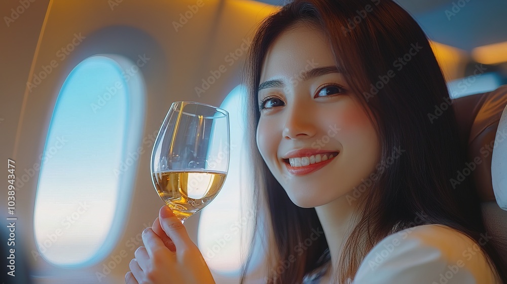 Happy Asian Woman Enjoying a Glass of Wine in Business Class Flight Happy Asian Woman Enjoying a Glass of Wine in Business Class Flight