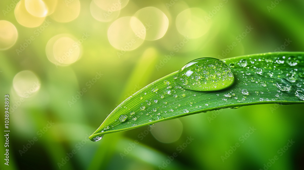 A close-up of a dewdrop on a green leaf, with a soft-focus background, Natural, modern style A close-up of a dewdrop on a green leaf, with a soft-focus background, Natural, modern style