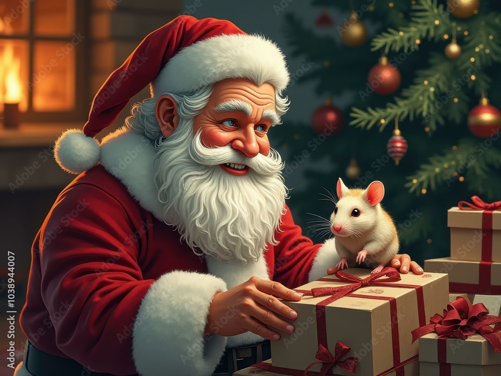 Santa claus with mouse and christmas presents by christmas tree Santa claus with mouse and christmas presents by christmas tree