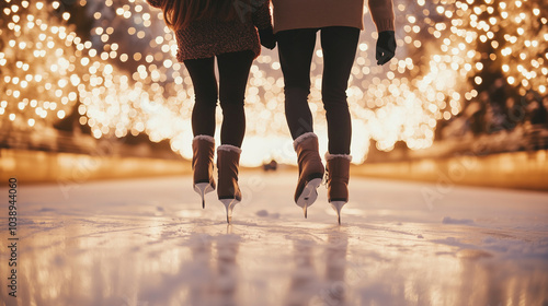 A couple ice-skating hand in hand under festive string lights, Christmas, copy space