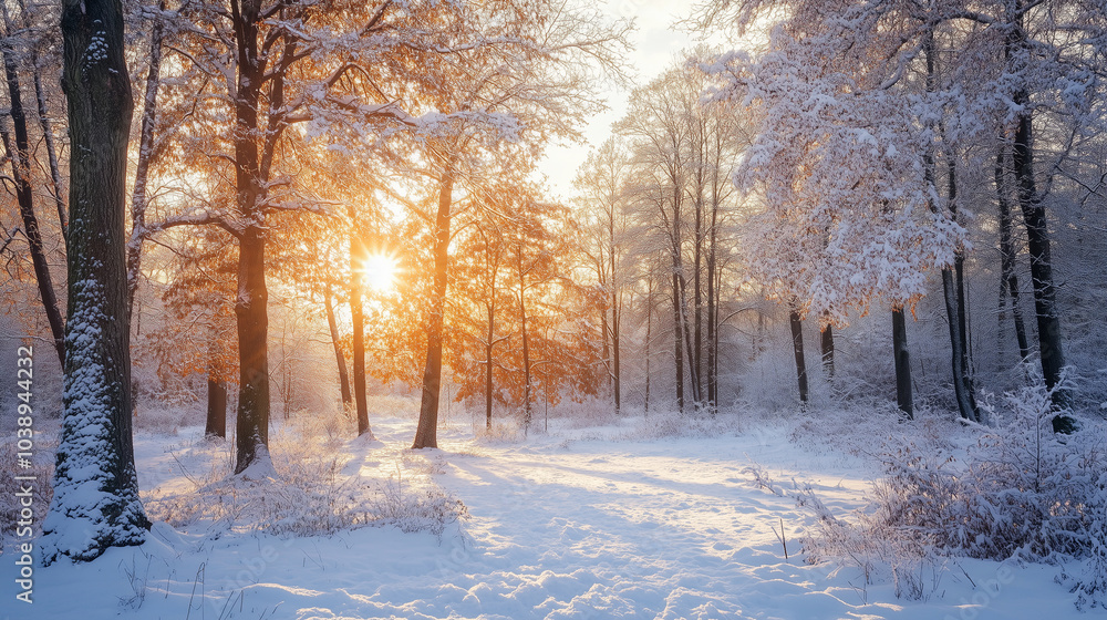 Snow-covered trees in a peaceful winter landscape, with the sun low on the horizon, Natural, modern style Snow-covered trees in a peaceful winter landscape, with the sun low on the horizon, Natural, modern style