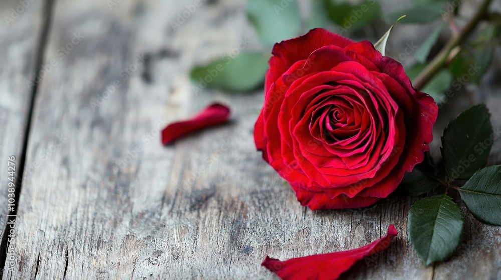 A single red rose sits atop a wooden table beside a green, leafy stem and another red rose A single red rose sits atop a wooden table beside a green, leafy stem and another red rose