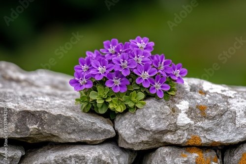 Aubrieta growing along a garden wall, its vivid purple flowers contrasting with the rough stone background
