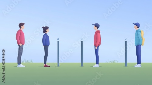 Four individuals stand facing each other in a serene landscape, showcasing communication and connection in a modern style.