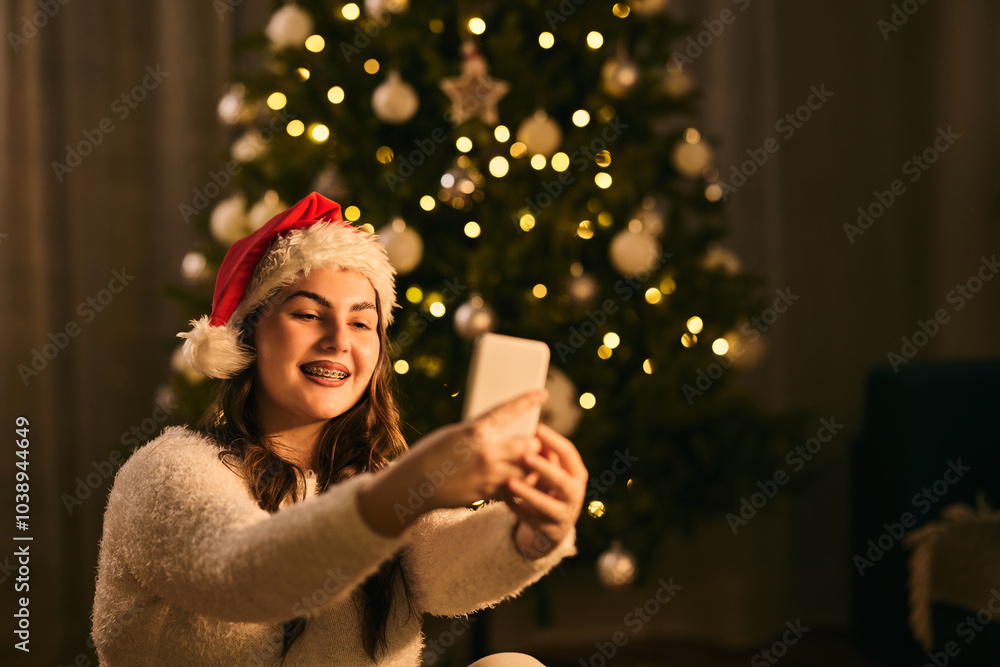 Young Woman Taking Selfie Beside Christmas Tree Young Woman Taking Selfie Beside Christmas Tree