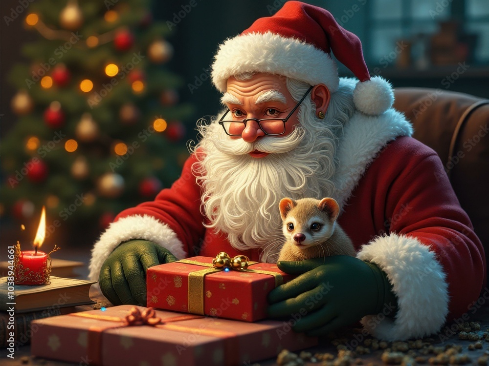 Santa claus preparing christmas gifts with candlelight and ferret companion Santa claus preparing christmas gifts with candlelight and ferret companion