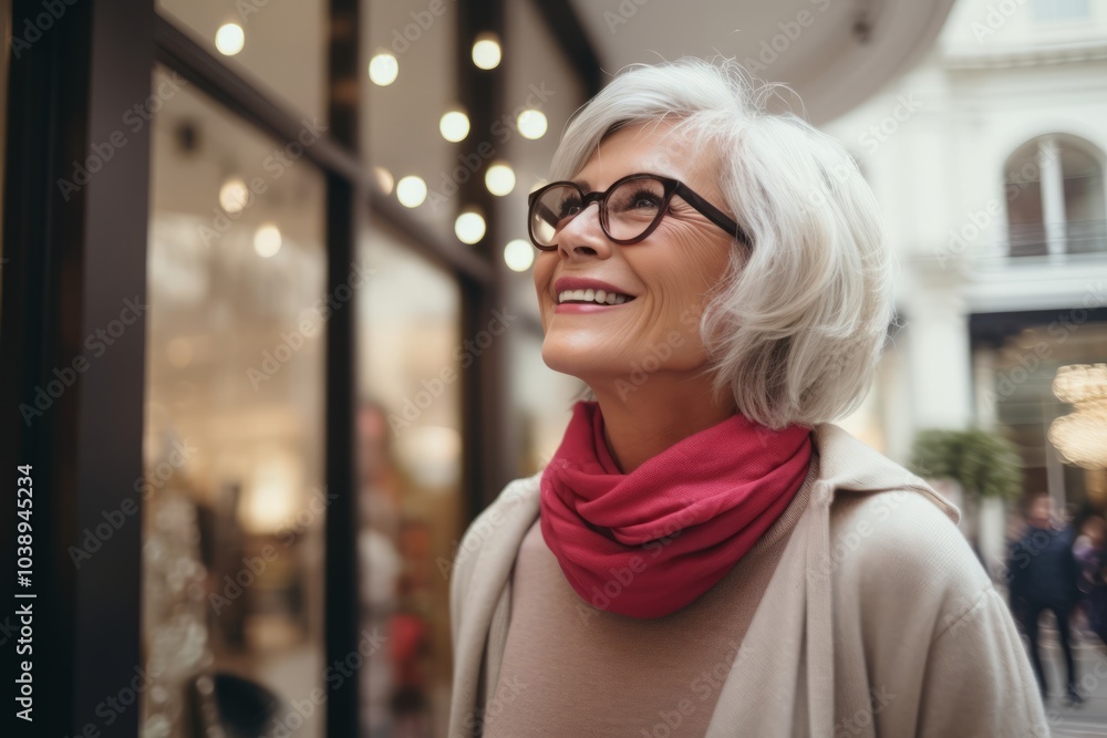 smiling senior woman in eyeglasses looking away in shopping center smiling senior woman in eyeglasses looking away in shopping center