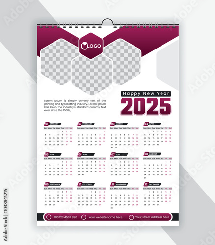 Single page wall calendar 2025 design template, modern and clean style vector one page calendar design 2025, a4 vector template