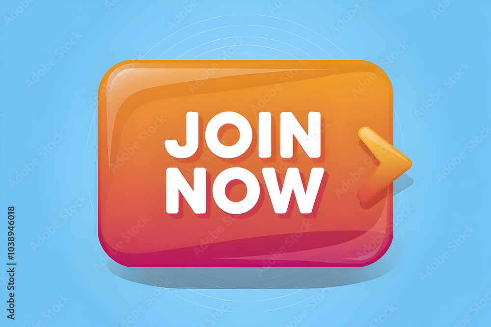 A colorful button inviting users to join now, featuring a bold font and an arrow, set against a light blue background.