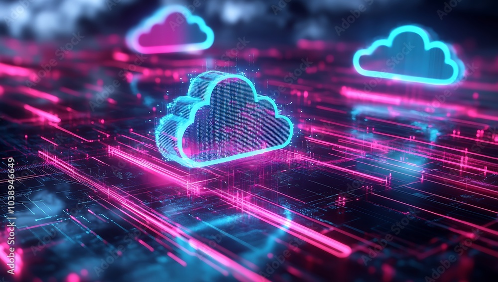 Neon light cloud computing futuristic technology. A glowing cloud symbol formed of data in a network of digital lines. A futuristic data center with neon lights and cloud computing network concepts. Neon light cloud computing futuristic technology. A glowing cloud symbol formed of data in a network of digital lines. A futuristic data center with neon lights and cloud computing network concepts.