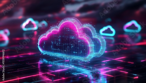 Neon light cloud computing futuristic technology. A glowing cloud symbol formed of data in a network of digital lines. A futuristic data center with neon lights and cloud computing network concepts.
