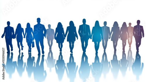 Silhouette of diverse professionals walking together, symbolizing teamwork and collaboration in a modern business environment.