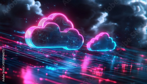 Neon light cloud computing futuristic technology. A glowing cloud symbol formed of data in a network of digital lines. A futuristic data center with neon lights and cloud computing network concepts.