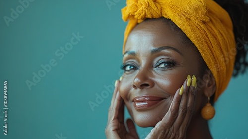 Smiling 50s middle aged mature older black woman applying facial cream on face 