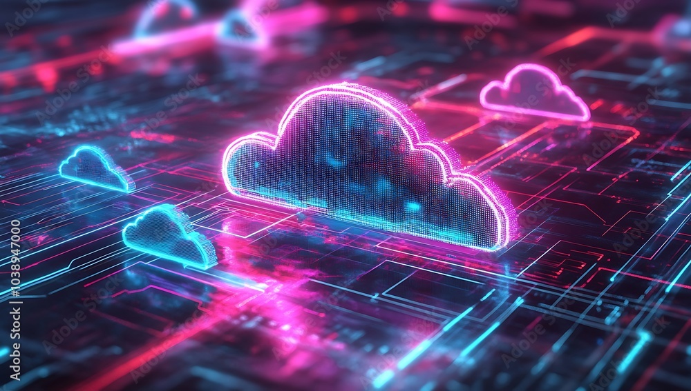 Neon light cloud computing futuristic technology. A glowing cloud symbol formed of data in a network of digital lines. A futuristic data center with neon lights and cloud computing network concepts.