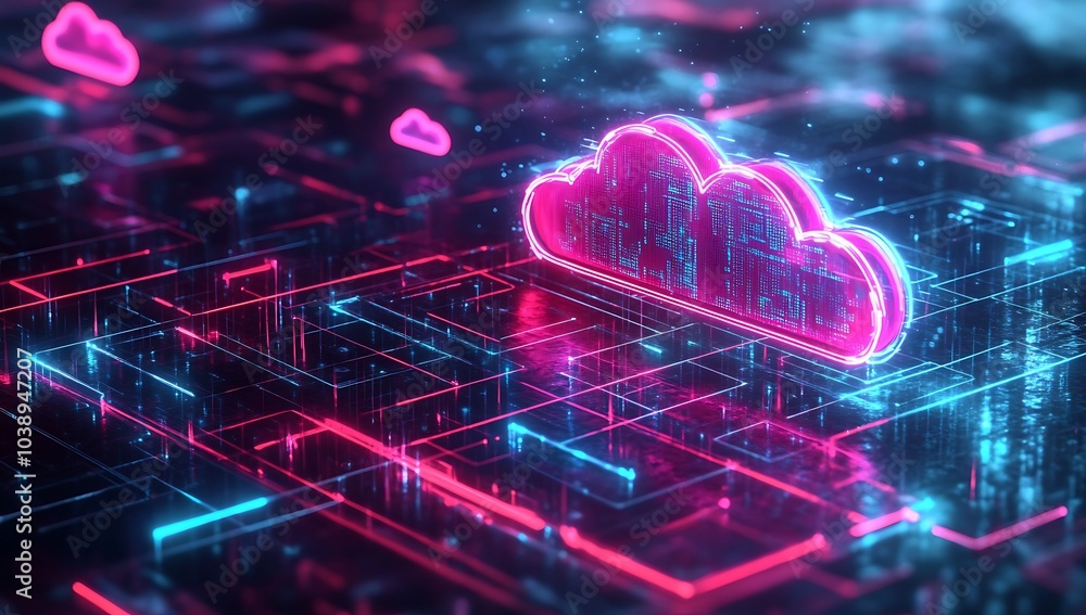 Neon light cloud computing futuristic technology. A glowing cloud symbol formed of data in a network of digital lines. A futuristic data center with neon lights and cloud computing network concepts. Neon light cloud computing futuristic technology. A glowing cloud symbol formed of data in a network of digital lines. A futuristic data center with neon lights and cloud computing network concepts.