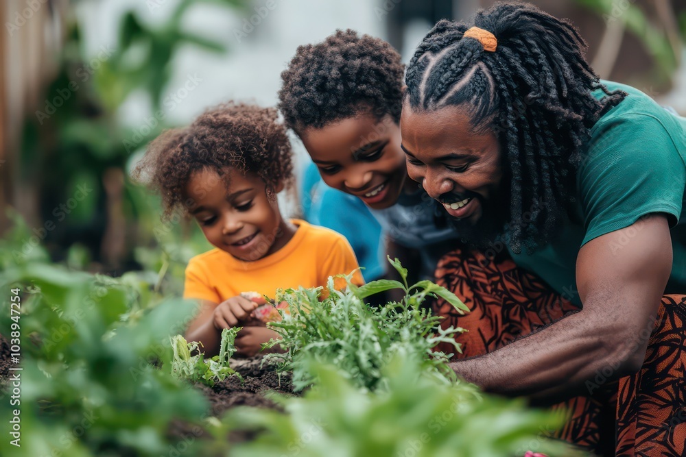 A family participating in a Kwanzaa community garden project. A family participating in a Kwanzaa community garden project.
