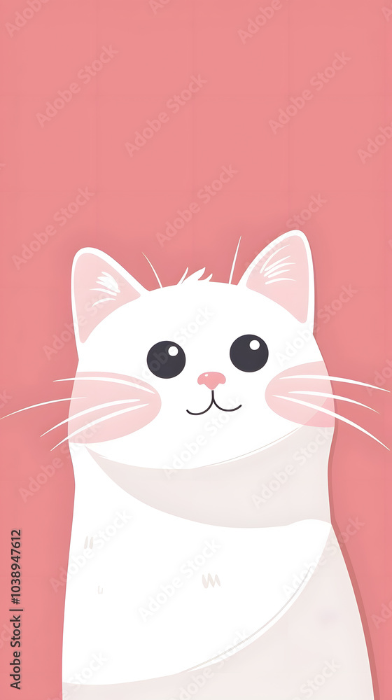 A Felidae cat with white fur and pink cheeks is seated on a pink background. This carnivore has whiskers, fawncolored ears, and a cute snout A Felidae cat with white fur and pink cheeks is seated on a pink background. This carnivore has whiskers, fawncolored ears, and a cute snout