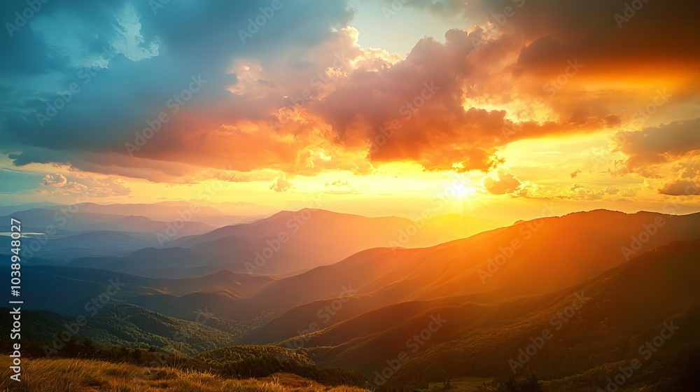 Fototapeta premium Breathtaking sunset over rolling mountains, vibrant colors blending in the sky, peaceful and serene landscape view.