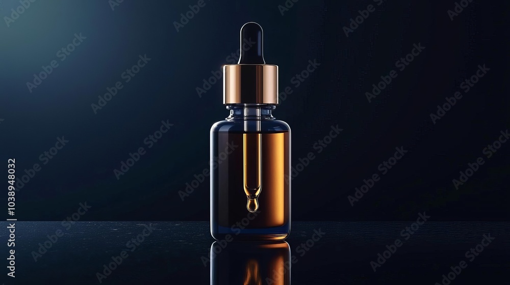 Brown glass dropper bottle filled with liquid against a dark background, showcasing its elegant design. Brown glass dropper bottle filled with liquid against a dark background, showcasing its elegant design.