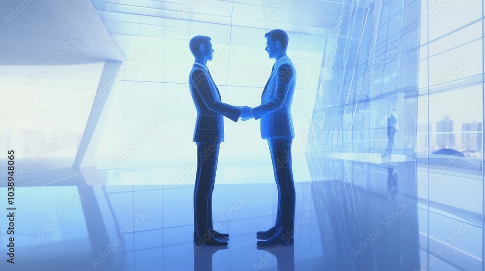 Two businessmen shaking hands in a modern setting, representing partnership and collaboration in a corporate environment. Two businessmen shaking hands in a modern setting, representing partnership and collaboration in a corporate environment.