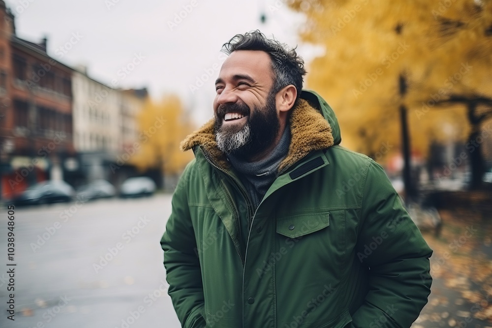 Portrait of a happy middle-aged man with a beard and mustache in a green jacket on the street in autumn Portrait of a happy middle-aged man with a beard and mustache in a green jacket on the street in autumn