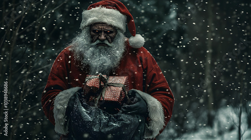 A Dark and Malevolent Reimagining of Santa Claus with Twisted Features and Cursed Gifts