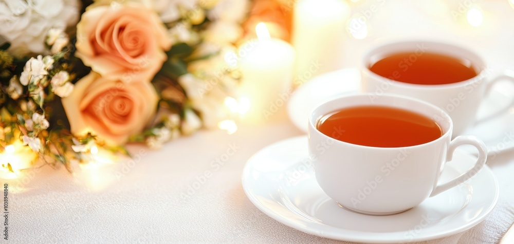 Wedding table setup with ginger tea served in small cups, next to candles and floral arrangements, enhancing the atmosphere Wedding table setup with ginger tea served in small cups, next to candles and floral arrangements, enhancing the atmosphere