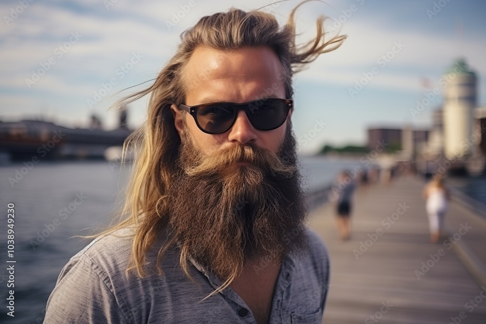 Handsome young man with long beard and mustache in sunglasses on a pier Handsome young man with long beard and mustache in sunglasses on a pier