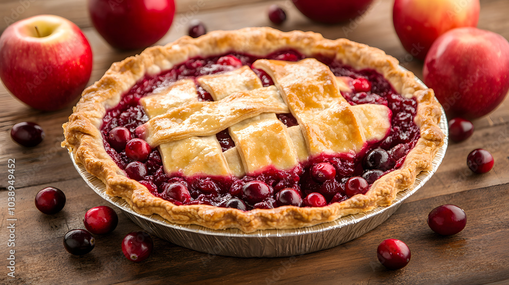 Delicious and Beautifully Crafted Cranberry Apple Pie Surrounded by Fresh Ingredients on a Rustic Wooden Table Delicious and Beautifully Crafted Cranberry Apple Pie Surrounded by Fresh Ingredients on a Rustic Wooden Table